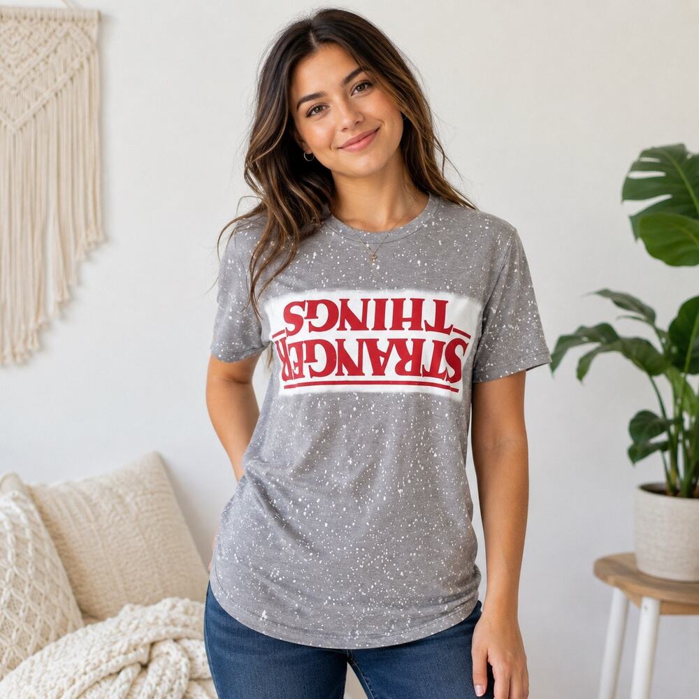 Stranger Things Netflix Juniors XL Gray Speckled Graphic Tee Upside Down NWT